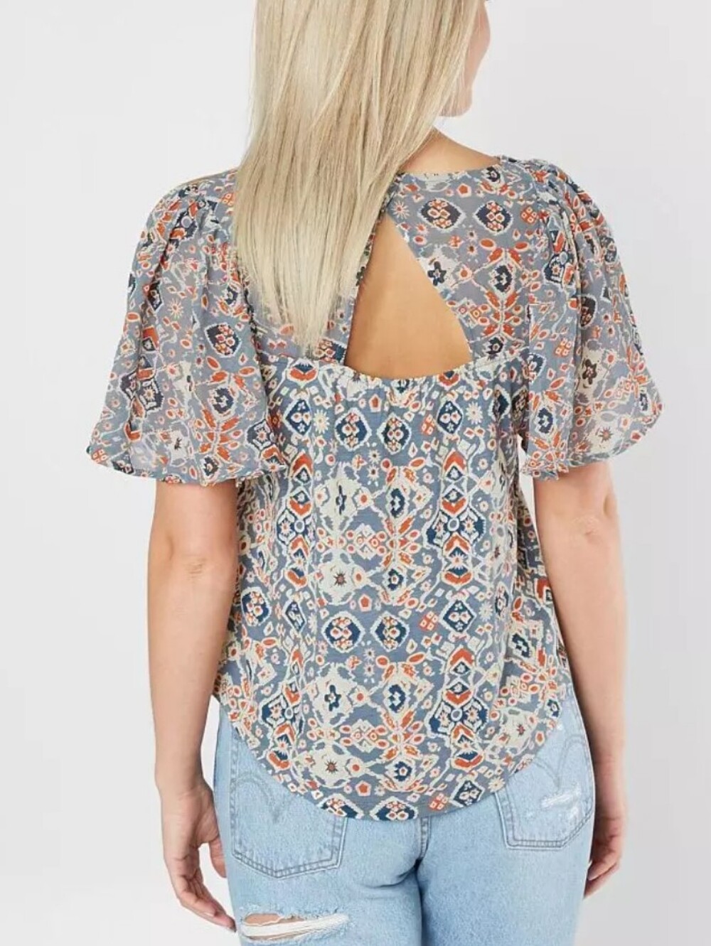 Lucky Brand Mosaic Print Flutter Sleeve Top M Boho Cutout Back - Picture 2 of 10